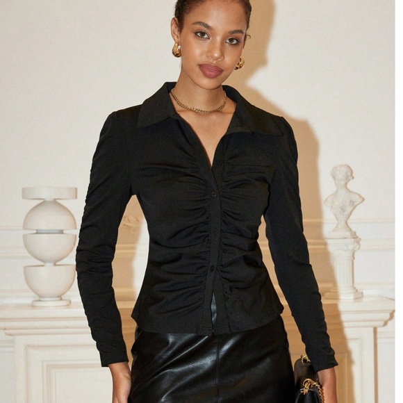 Black Button Up Down Ruched Long Sleeve Dress Shirt - Picture 1 of 8